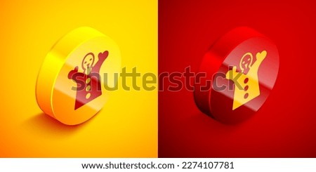 Isometric Toy puppet doll on hand icon isolated on orange and red background. Circle button. Vector