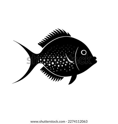 Fish in black silhouette isolated single object on white background. Underwater sea life design element. Icon or logo of pet store. Summer clip art. Aquarium. Simple flat cartoon style