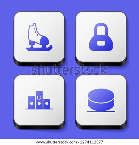 Set Skates, Weight, Award over sports winner podium and Hockey puck icon. White square button. Vector