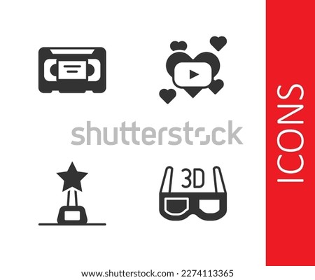Set 3D cinema glasses, VHS video cassette tape, Movie trophy and Romantic movie icon. Vector