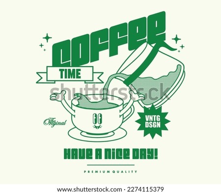  Retro Poster cartoon character of coffee cup Graphic Design for T shirt Street Wear and Urban Style