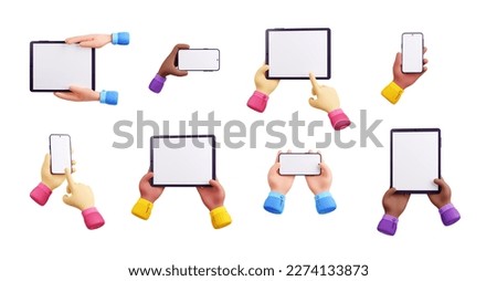 3D render set of hands with gadget mockups isolated on white background. People scrolling smartphone and tablet touch screen in vertical, horizontal position. Using mobile apps, browsing internet Royalty-Free Stock Photo #2274133873