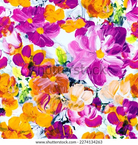Seamless pattern of abstract painting pink and yellow flowers, original hand drawn, impressionism style, color texture, brush strokes of paint,  art background.  Modern art. Contemporary art.