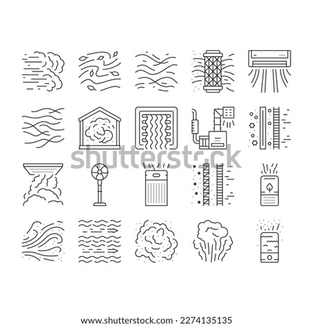 air clean fresh wind flow filter icons set vector. home dust, conditioner blue, cold purification, nature technology, cleaner room air clean fresh wind flow filter black contour illustrations