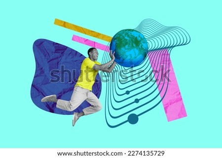 Exclusive magazine picture sketch collage image of smiling excited guy catching small earth isolated painting background