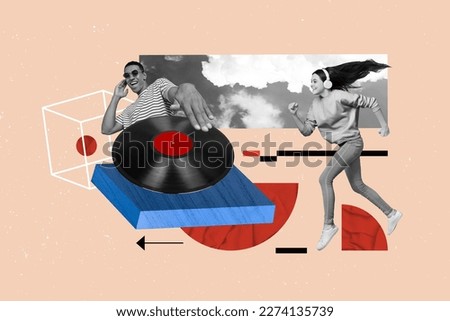Artwork magazine collage picture of excited lady guy dj enjoying creating music isolated drawing background