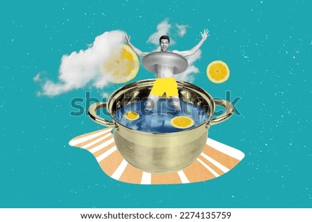 Collage artwork graphics picture of funny funky guy bathing saucepan with lemon isolated painting background