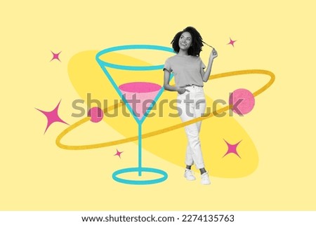 Photo collage artwork minimal picture of smiling dreamy lady enjoying fresh tasty cocktail isolated drawing background