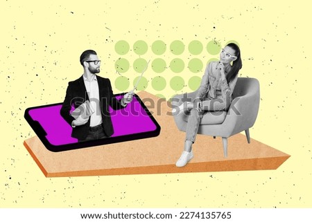 Photo collage artwork minimal picture of smart lady distance education modern device isolated drawing background