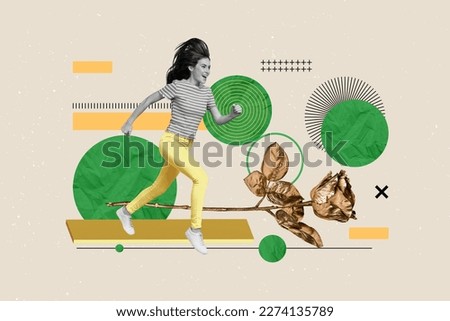 Collage artwork graphics picture of excited smiling lady running gold rose isolated painting background