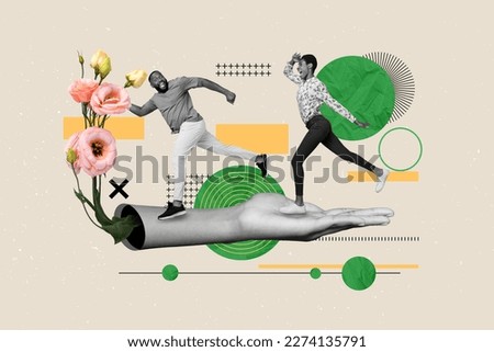 Artwork magazine collage picture of funny excited lady guy running arm buying flowers bouquet isolated drawing background