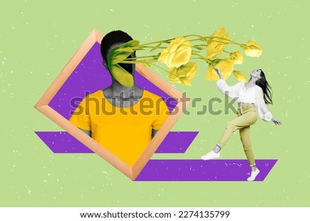 Composite collage of mini black white colors girl enjoy smell fresh yellow flowers photo frame portrait isolated on painted background