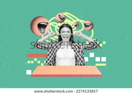 Collage picture of unsatisfied irritated mini black white gamma girl fingers cover ears avoid loud noise talking mouth isolated on painted background