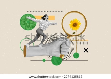 Collage picture of big black white colors arm hold magnifier loupe enlarge sunflower mini excited girl running