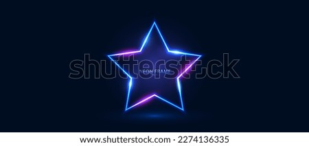 Neon star-shaped frame with shining effects and highlights on a dark blue background. Futuristic sci-fi modern neon glowing banner. Vector EPS 10.