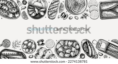 Hand-drawn canned fish border design. Vector seafood background. Sardines, anchovy, mackerel, tuna, mussels in tin cans, fish canapes, olives, crackers and lemons sketches. Tinned fish banner tempalte