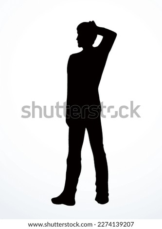 Cute tall cool clever smart mind sad teen school kid body backward view. Outline black ink pen drawn young adult upset office guy boss wait icon sign idea old retro line art style white sky text space Royalty-Free Stock Photo #2274139207