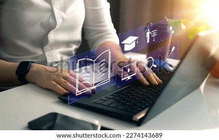 Education internet Technology.	
E-learning education, internet lessons and online webinar. Person who attends online lessons on a digital screen. Royalty-Free Stock Photo #2274143689