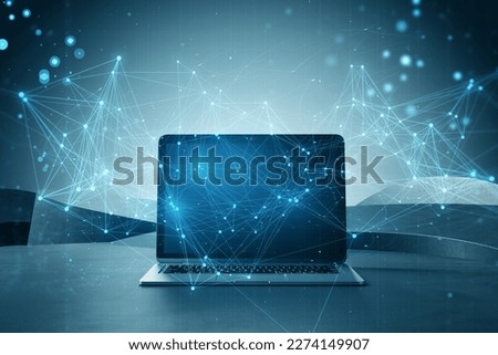 Close up of laptop computer with glowing blue polygonal mesh interface on blurry desktop background. Technology and network concept. Double exposure