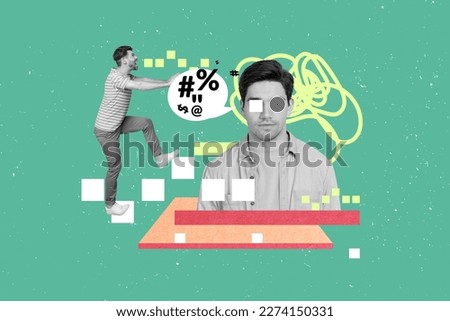 Creative collage picture of mini angry black white effect guy scream yell big person negative dialogue bubble