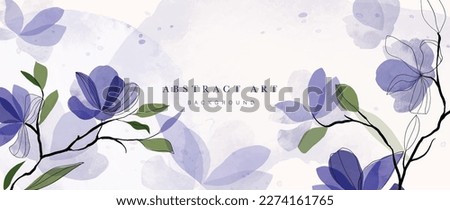 Abstract floral art background vector. Botanical watercolor hand painted blue flowers and leaf branch with line art. Design for wallpaper, banner, print, poster, cover, greeting and invitation card.