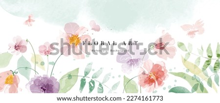 Abstract floral art background vector. Botanical watercolor hand drawn flowers paint brush line art. Design illustration for wallpaper, banner, print, poster, cover, greeting and invitation card.