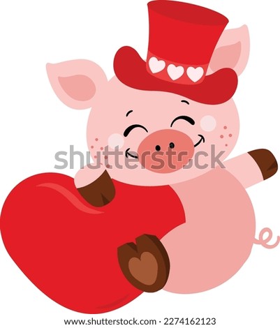 Adorable pig with red hat and a red heart