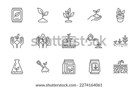 Plant growing line icons set. Spring growth stage, seeds, seedling, drought, soil testing, agriculture vector illustration. Outline signs for gardening. Editable Stroke