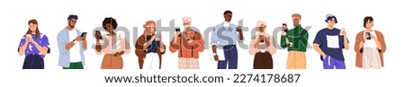 People holding, using mobile phones set. Characters with smartphones in hands. Men, women use cellphones, surfing internet, chatting. Flat graphic vector illustrations isolated on white background Royalty-Free Stock Photo #2274178687