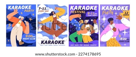 Karaoke, music party posters designs set. Vocal event, song festival, live concert in night club, flyers backgrounds templates. Vertical promotion banners with girls singing. Flat vector illustrations Royalty-Free Stock Photo #2274178695