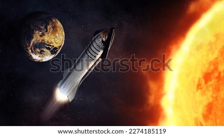Heavy Starship take off mission next to the Sun. Elements of this image furnished by NASA.