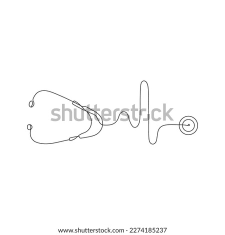 Medical stethoscope in the form of a heart beat. One line art. Equipment for examining patient heart beat condition. Health care, medical concept. Hand drawn vector illustration. Royalty-Free Stock Photo #2274185237