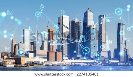 New York west side, internet of things (IOT) and smart city icons hologram, global network and connection in New York. Concept of modern technology, AI and business process
