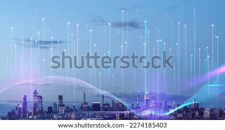 Immersive blurry network interface arrows over new York skyline cityscape. Concept of internet, communication and smart city