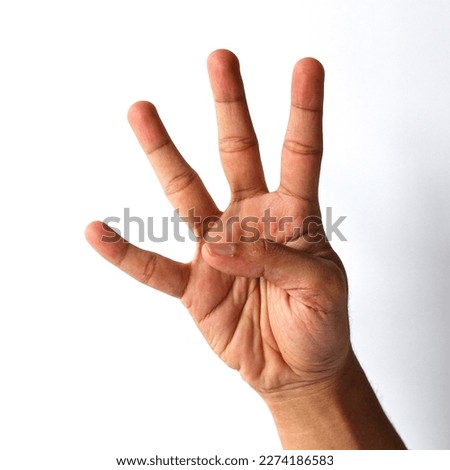 Male right hand sign for number four isolated on white background. 