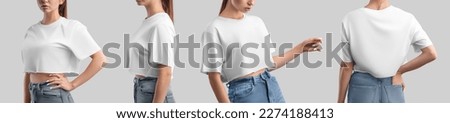 White crop top mockup on slim girl, canvas bella casual shirt, front, back, for design, print, advertising. Set of clothes isolated on background. Template of a fashion women's t-shirt of a free cut
