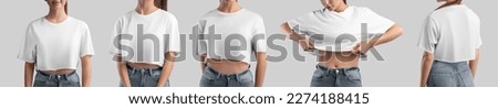 Mockup of white crop top on beautiful girl in jeans, fashion clothes, front, back view, isolated on background. Free cut t-shirt template for design, print, advertising. A set of canvas bella shirts Royalty-Free Stock Photo #2274188415
