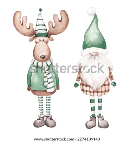 Christmas characters set hand drawn by watercolor. Isolated on white background. Cute scandy design. Green, white, brown colours