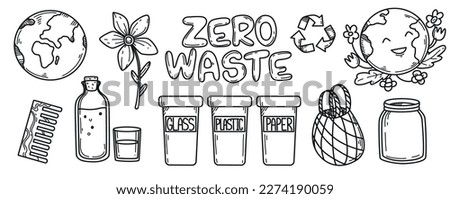Vector doodle set of zero waste goods. Hand drawn planet earth and eco objects. Elements of recycle eco grocery bag, glass bottle and jar, wooden comb and recycling sign. Environment protection.