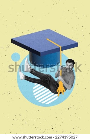 Vertical creative photo collage of cheerful carefree satisfied guy holding on academic cap at graduation isolated on drawing background