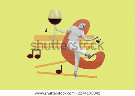 Composite collage picture of excited black white gamma girl hand hold huge wine glass dancing isolated on lime background