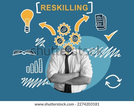 Collage of man with gears instead of a head. Reskilling concept. Royalty-Free Stock Photo #2274203181