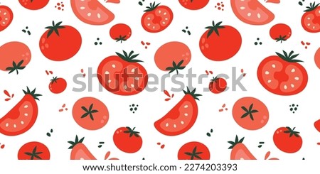 Tomato vector seamless pattern. Flat tomatoes on white background. Natural red tomato vector design for fabric, paper, wallpaper, cover, interior decor, and other use. Vegetables vector illustration Royalty-Free Stock Photo #2274203393