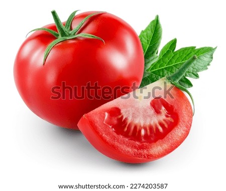 Tomato isolated. Tomatoes with leaf on white background. Tomato, slice and leaves side view composition. Full depth of field.