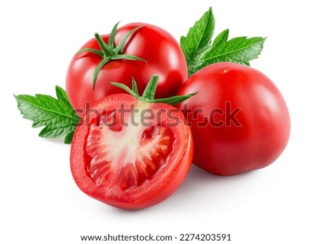 Tomato isolated. Tomatoes with leaf on white background. Tomato, leaves and a half side view composition. Full depth of field.