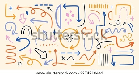 Colored doodle arrows and lines flat icons set. Straight or curly line points in particular direction. Different textures and shapes. Show something. Color isolated illustrations