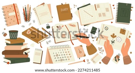Diaries and notebooks flat icons set. Hand writing notes on paper. Decorative textbook for planing. Stickers, paper clip, bookmark , pencil and books. Color isolated illustrations