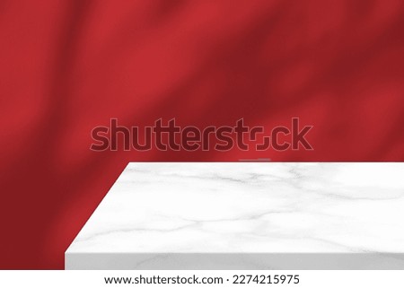 Minimal White Marble Table Corner with Tree Shadow on the Red Concrete Wall Background, Suitable for Product Presentation Backdrop, Display, and Mock up.