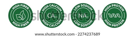 Icon set of high fiber, high calcium, low sodium, and high protein. Rounded outlined vector icons in green color. Royalty-Free Stock Photo #2274237689