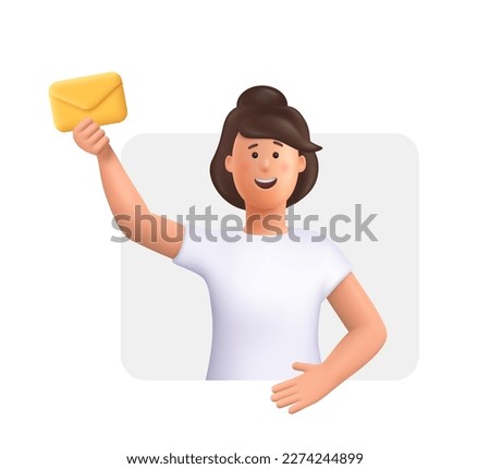 Young smiling woman holds yellow envelope. Post, gift, promotion, e-mail, messenger service concept. 3d vector people character illustration.Cartoon minimal style. Royalty-Free Stock Photo #2274244899